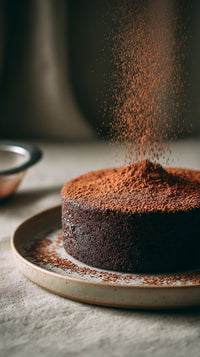 A Chocolate Cake With A Dusting Of Cocoa Powder On A Plate Ready To Be Served — Stock Photo