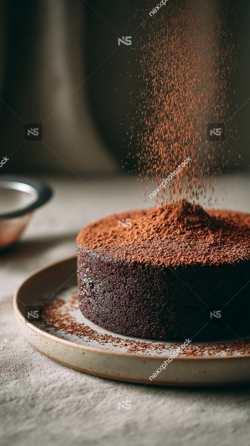 A Chocolate Cake With A Dusting Of Cocoa Powder On A Plate Ready To Be Served — Stock Photo