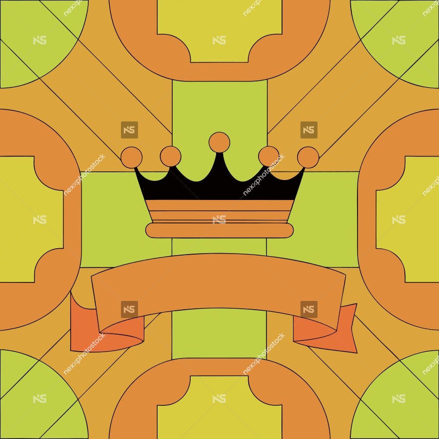Vibrant Intricate Wallpaper With A Repeating Pattern Of Orange And Yellow Shapes Including Crowns And Banners On A White Background — Stock Vector