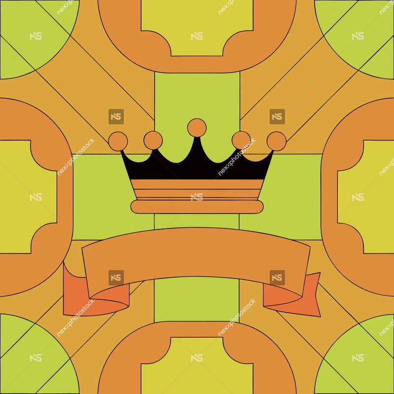 Vibrant Intricate Wallpaper With A Repeating Pattern Of Orange And Yellow Shapes Including Crowns And Banners On A White Background — Stock Vector