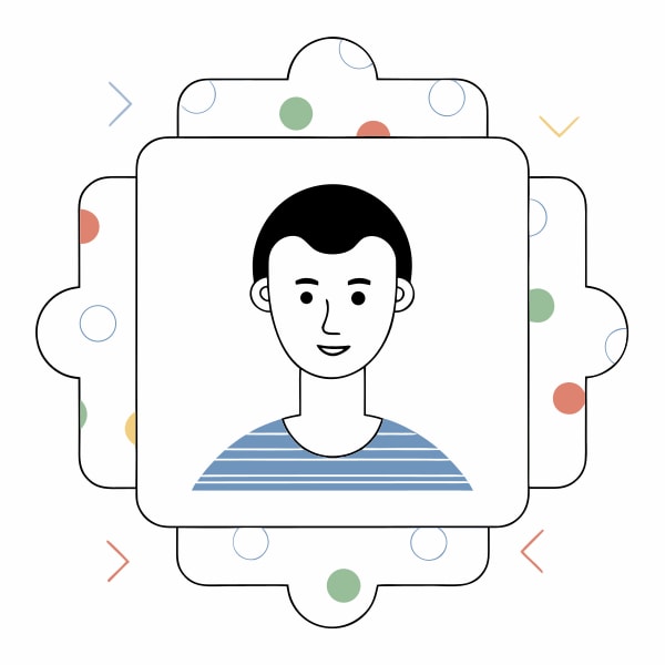 A Digital Illustration Of A Man S Face Within A Square Frame Surrounded By A Pattern Of Colorful Dots And Shapes — Stock Vector