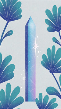 Illustration Of A Tall Blue Crystal With A Starburst Effect On A White Background Adorned With Green Leaves And Branches — Stock Illustration