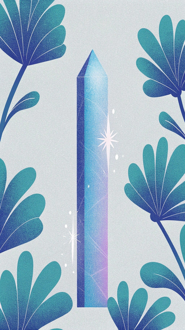Illustration Of A Tall Blue Crystal With A Starburst Effect On A White Background Adorned With Green Leaves And Branches — Stock Illustration