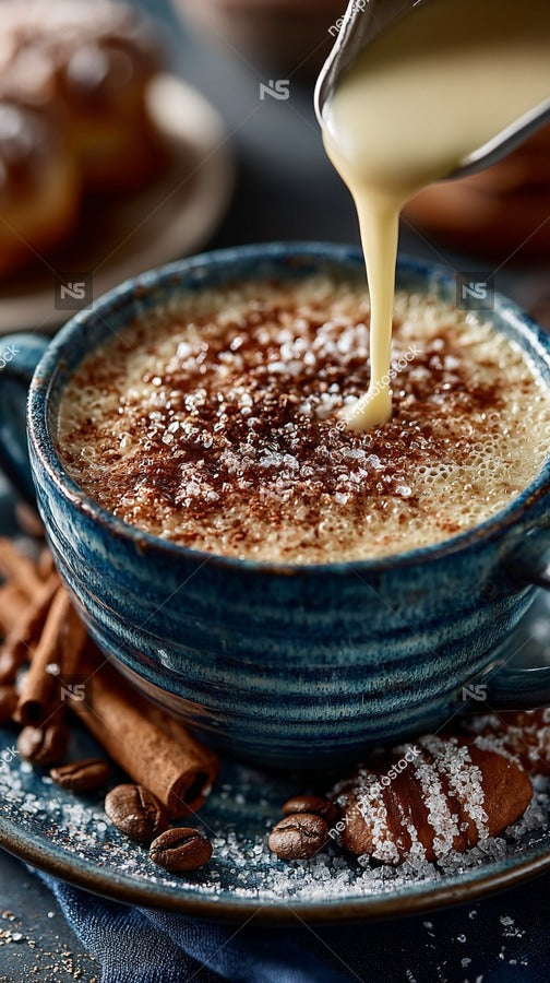 A Cinnamon Latte With A Drizzle Of Caramel Served In A Blue Mug On A Table — Stock Photo