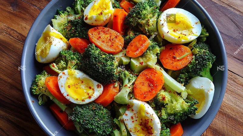 A Bowl Of Vegetable Salad Containing Broccoli Carrots And Eggs — Stock Photo
