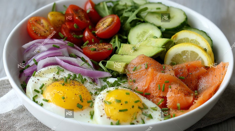 A White Bowl Filled With A Variety Of Colorful Vegetables Including Cucumbers Tomatoes And Lettuce Topped With Sliced Hard Boiled Eggs — Stock Photo