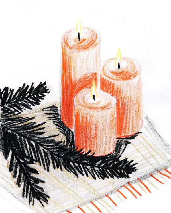 Illustration Of Two Candles In Red Holders Placed On A Table With A Christmas Themed Background Pine Branches And A Plaid Cloth — Stock Illustration