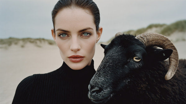 A Woman Stands In A Desert Landscape Holding A Sheep — Stock Photo