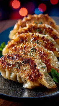 Crispy Fried Dumplings With Sesame Seeds And Green Onions Served On A Black Plate — Stock Photo