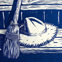 A Black And White Illustration Of A Straw Hat Broom And Wooden Table Set Against A Rustic Backdrop — Stock Illustration