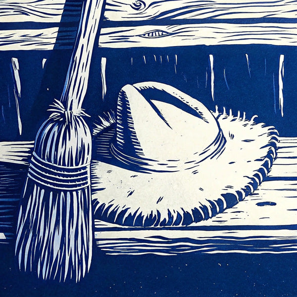 A Black And White Illustration Of A Straw Hat Broom And Wooden Table Set Against A Rustic Backdrop — Stock Illustration