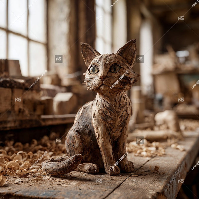 Wooden Cat Sculpture In Woodshop — Stock Photo
