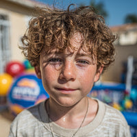 A Young Boy With Curly Hair Stands In Front Of A Colorful Balloon Arch Looking Directly At The Camera — Stock Photo