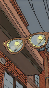 A Pair Of Glasses Is Prominently Resting On A Ledge Against An Urban Nightscape Backdrop — Stock Illustration