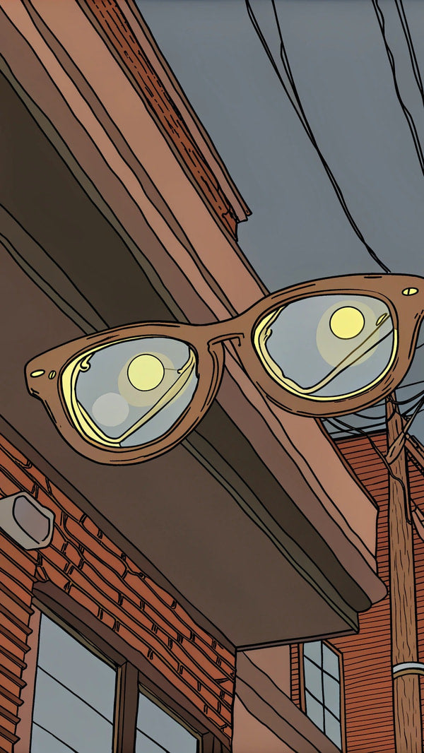 A Pair Of Glasses Is Prominently Resting On A Ledge Against An Urban Nightscape Backdrop — Stock Illustration
