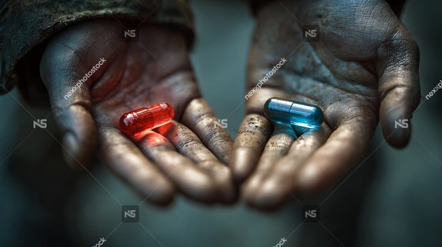 A Hand Holding Two Pills One Red And One Blue Against A Dark Background — Stock Photo