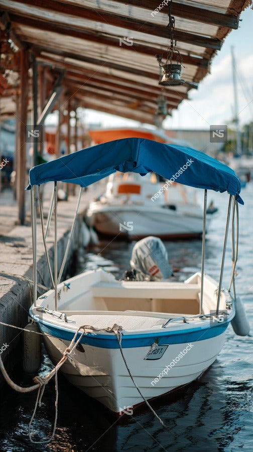 A Boat With A Blue Canopy Is Docked At A Pier — Stock Photo