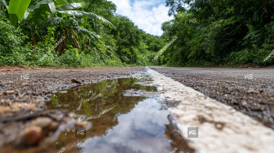 A Dirt Road In A Tropical Forest With Water Puddles On The Ground And Lush Greenery Surrounding It — Stock Photo