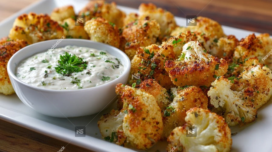 Crispy Cauliflower Florets With Dip Served On A White Plate Garnished With Parsley And A Sprinkle Of Paprika — Stock Photo