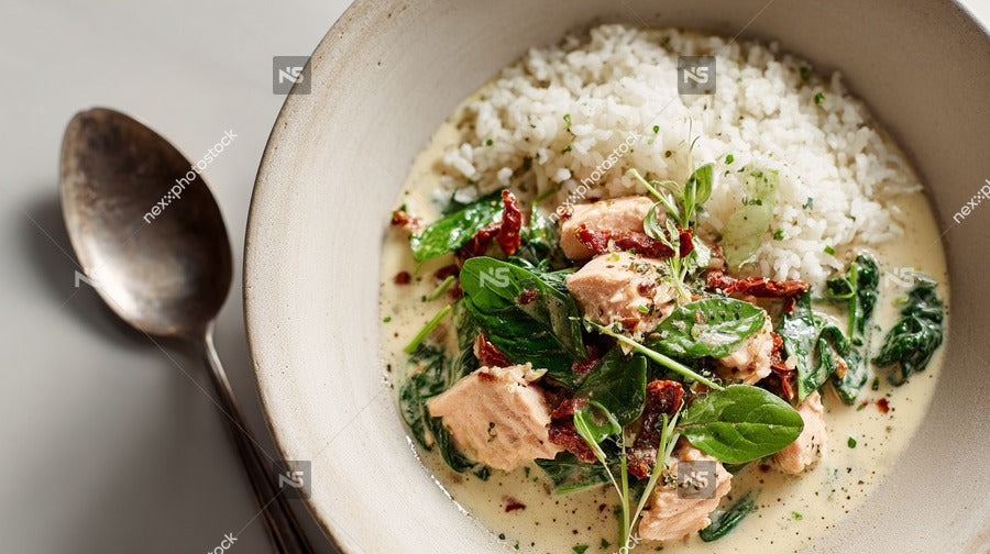 Bowl Of Chicken And Rice With Herbs Served In A Bowl On A Table — Stock Photo