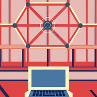 A Digital Illustration Of A Workspace With A Laptop And A Large Red Structure In The Background — Stock Vector