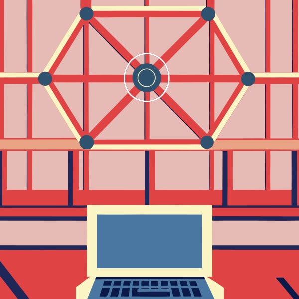 A Digital Illustration Of A Workspace With A Laptop And A Large Red Structure In The Background — Stock Vector