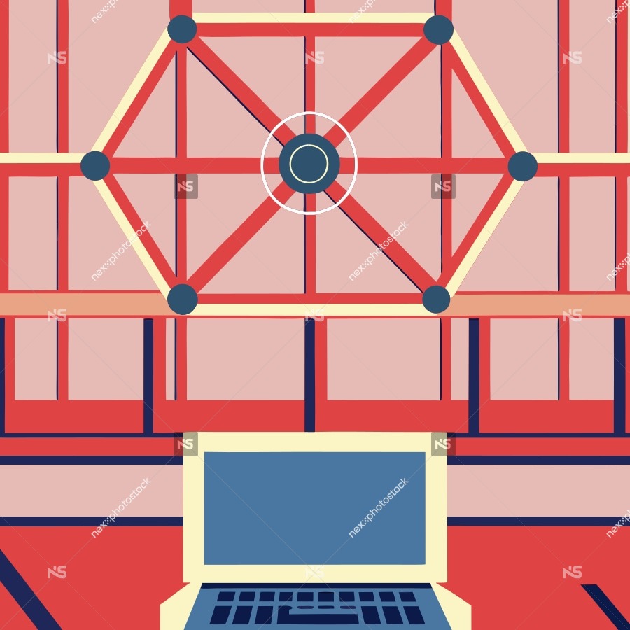 A Digital Illustration Of A Workspace With A Laptop And A Large Red Structure In The Background — Stock Vector