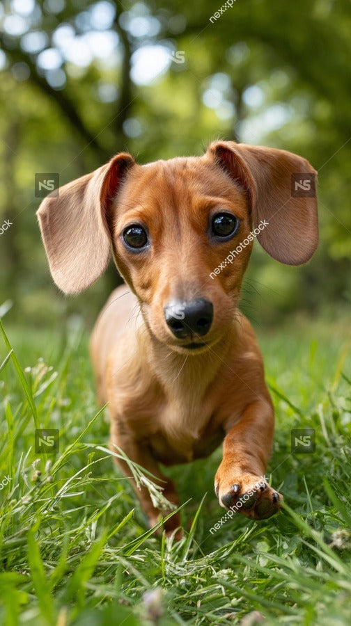 A Dachshund Is Captured Mid Stride In A Grassy Field Its Body Angled Towards The Camera As It Walks — Stock Photo