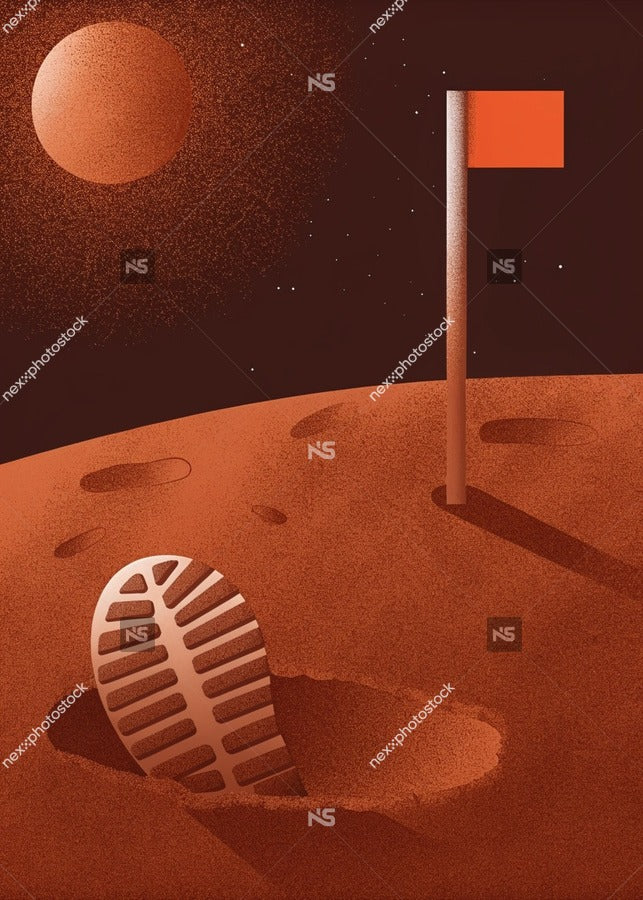 Illustration Of A Mars Rover On The Martian Surface With A Flag And A Footprint — Stock Illustration