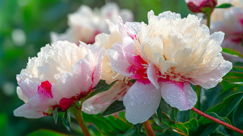 close up image pink flowers with water droplets on their petals set against a blurred background - Stock Video