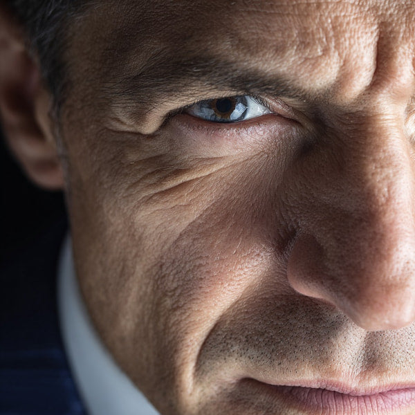 A Close Up Portrait Of A Man With An Intense Gaze Looking Directly Into The Camera — Stock Photo