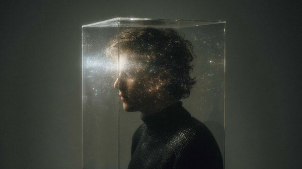 A Man S Head Is Encased Within A Large Transparent Cube Shaped Structure Which To Be Made Of Clear Plastic Glass — Stock Photo