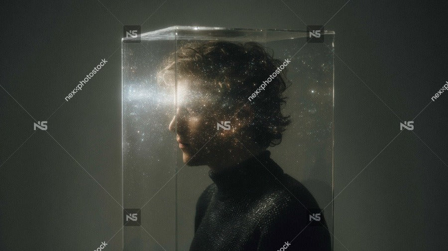 A Man S Head Is Encased Within A Large Transparent Cube Shaped Structure Which To Be Made Of Clear Plastic Glass — Stock Photo