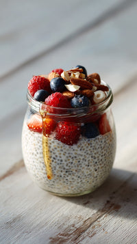 A Jar Of Chia Pudding Topped With Raspberries Blueberries And Nuts On A Wooden Table — Stock Photo