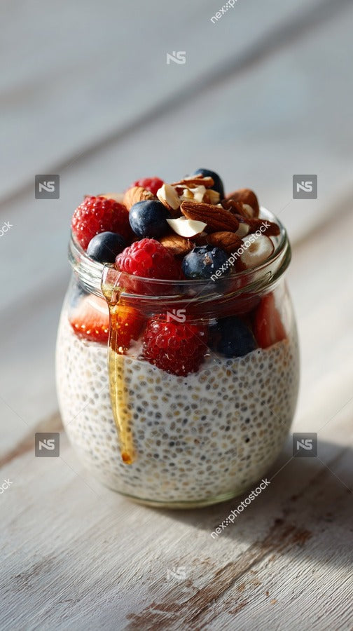 A Jar Of Chia Pudding Topped With Raspberries Blueberries And Nuts On A Wooden Table — Stock Photo