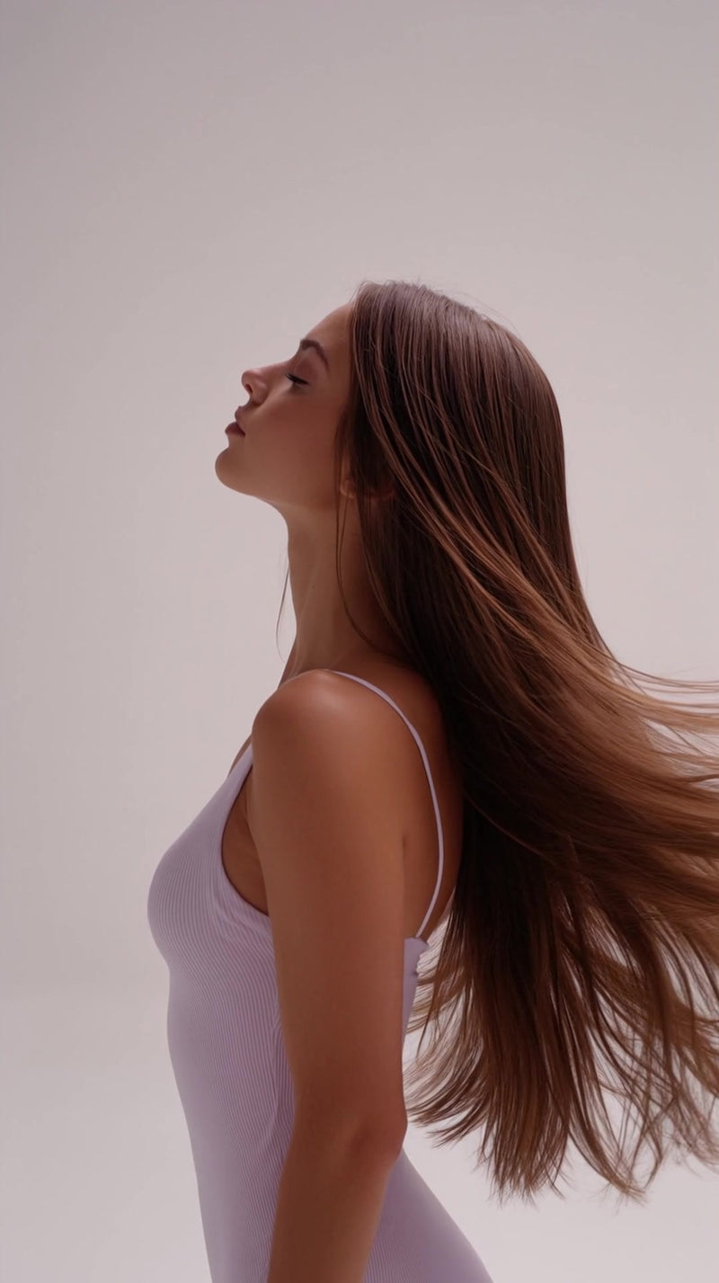 woman with long hair wearing a white tank top posing against a white background - Stock Video