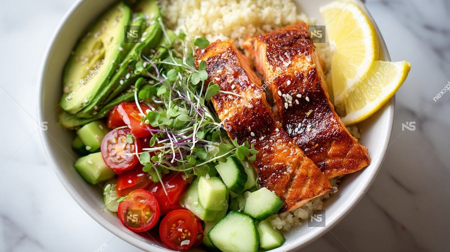 A Bowl Of Salmon Rice And Vegetables — Stock Photo