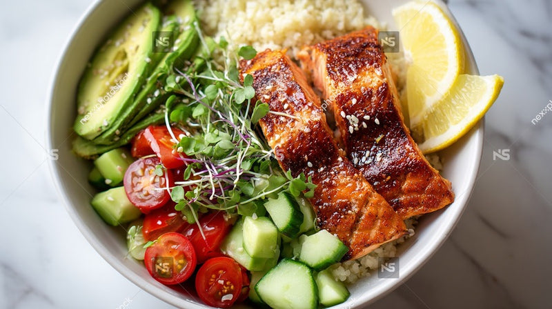 A Bowl Of Salmon Rice And Vegetables — Stock Photo