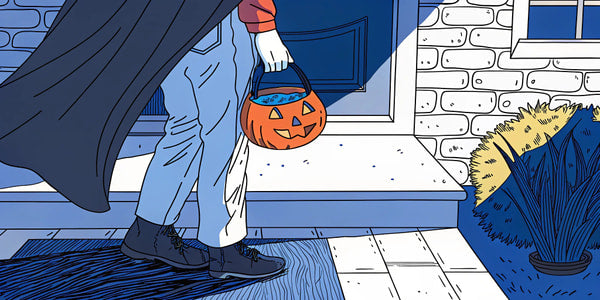 Halloween Night Scene With Person In Costume Standing On Porch Holding Basket Of Candy — Stock Illustration