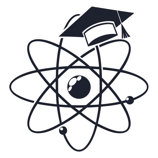 Black And White Illustration Of A Graduation Cap And Diploma With An Atom Symbol — Stock Vector