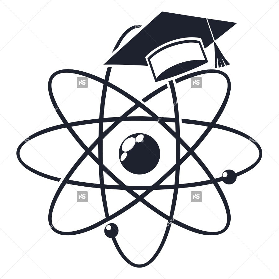 Black And White Illustration Of A Graduation Cap And Diploma With An Atom Symbol — Stock Vector
