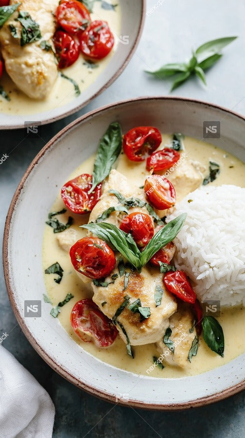A Plate Of Chicken With Tomatoes And Cream Sauce Served Over Rice Garnished With Basil Leaves — Stock Photo