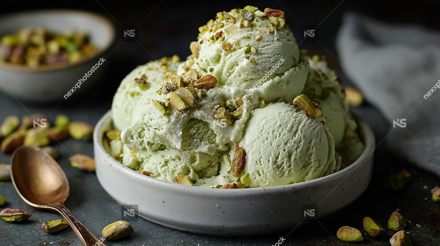 A Bowl Of Creamy Mint Ice Cream Topped With Pistachios Garnished With A Sprinkle Of Nuts And Drizzled With Honey — Stock Photo