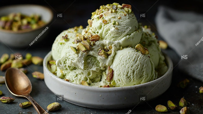A Bowl Of Creamy Mint Ice Cream Topped With Pistachios Garnished With A Sprinkle Of Nuts And Drizzled With Honey — Stock Photo