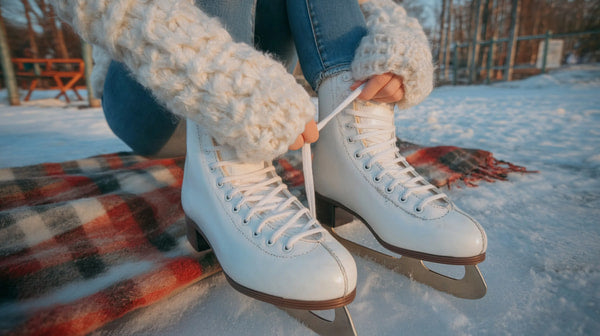 A Pair Of White Roller Skates Are Visible In The Snow With A Person S Feet Wearing Them — Stock Photo