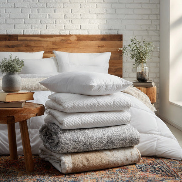 A Neatly Made Bed In A Bedroom With White Towels Stacked On Top Of It — Stock Photo