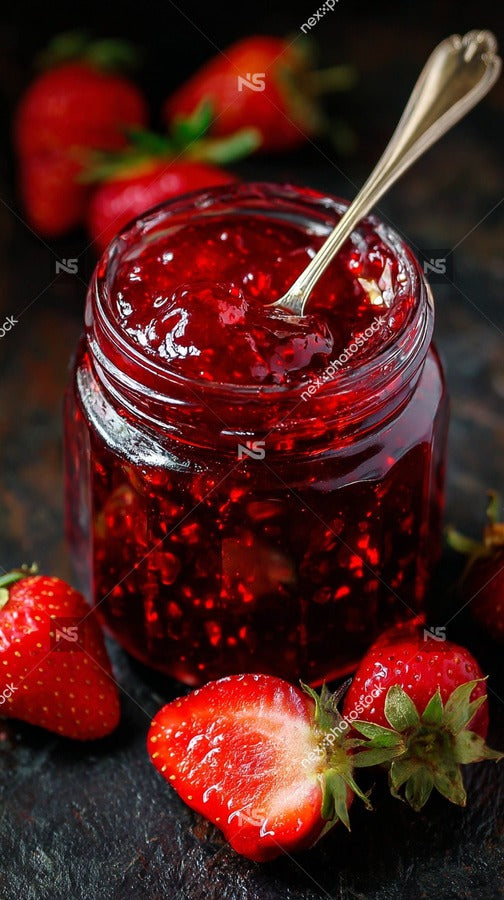 A Jar Of Strawberry Jam With A Spoon In It Surrounded By Fresh Strawberries On A Dark Surface — Stock Photo