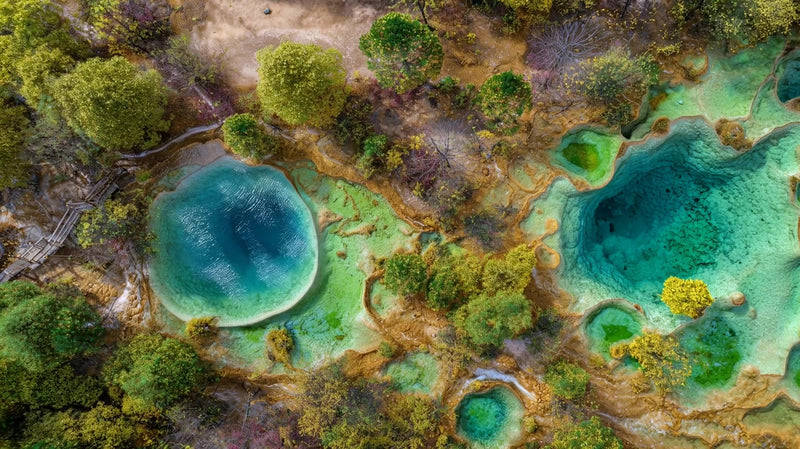 showcases a vibrant natural landscape a series of hot springs with bright blue water and green algae - Stock Video