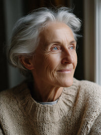 Older Woman With Gray Hair Wearing A Knitted Sweater Looking Out Of A Window — Stock Photo