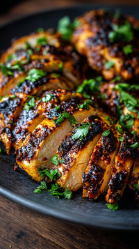 Close Up Of Three Pieces Of Grilled Chicken With A Dark Sauce And Garnish On A Wooden Table — Stock Photo